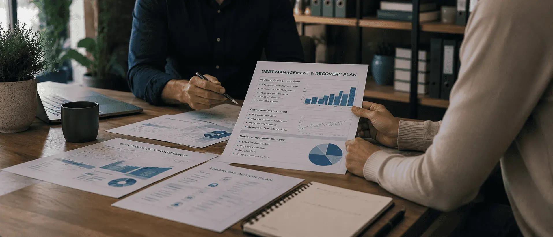 Two people reviewing a debt management and recovery plan document