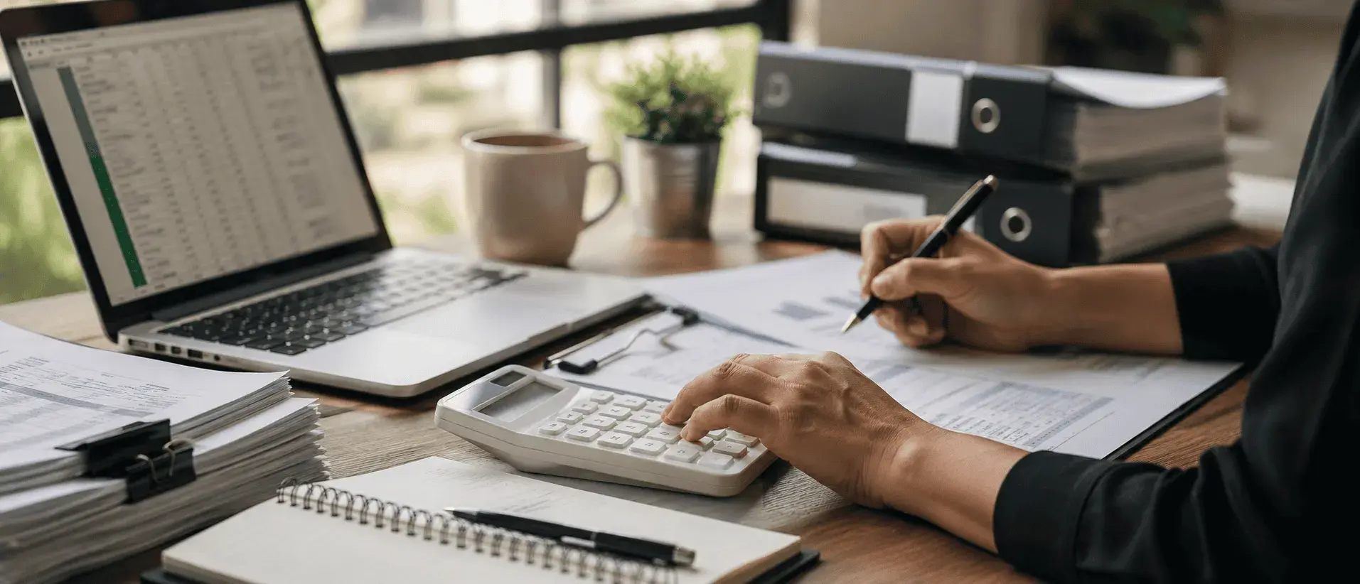Accountant working at a desk with a laptop, calculator and financial documents
