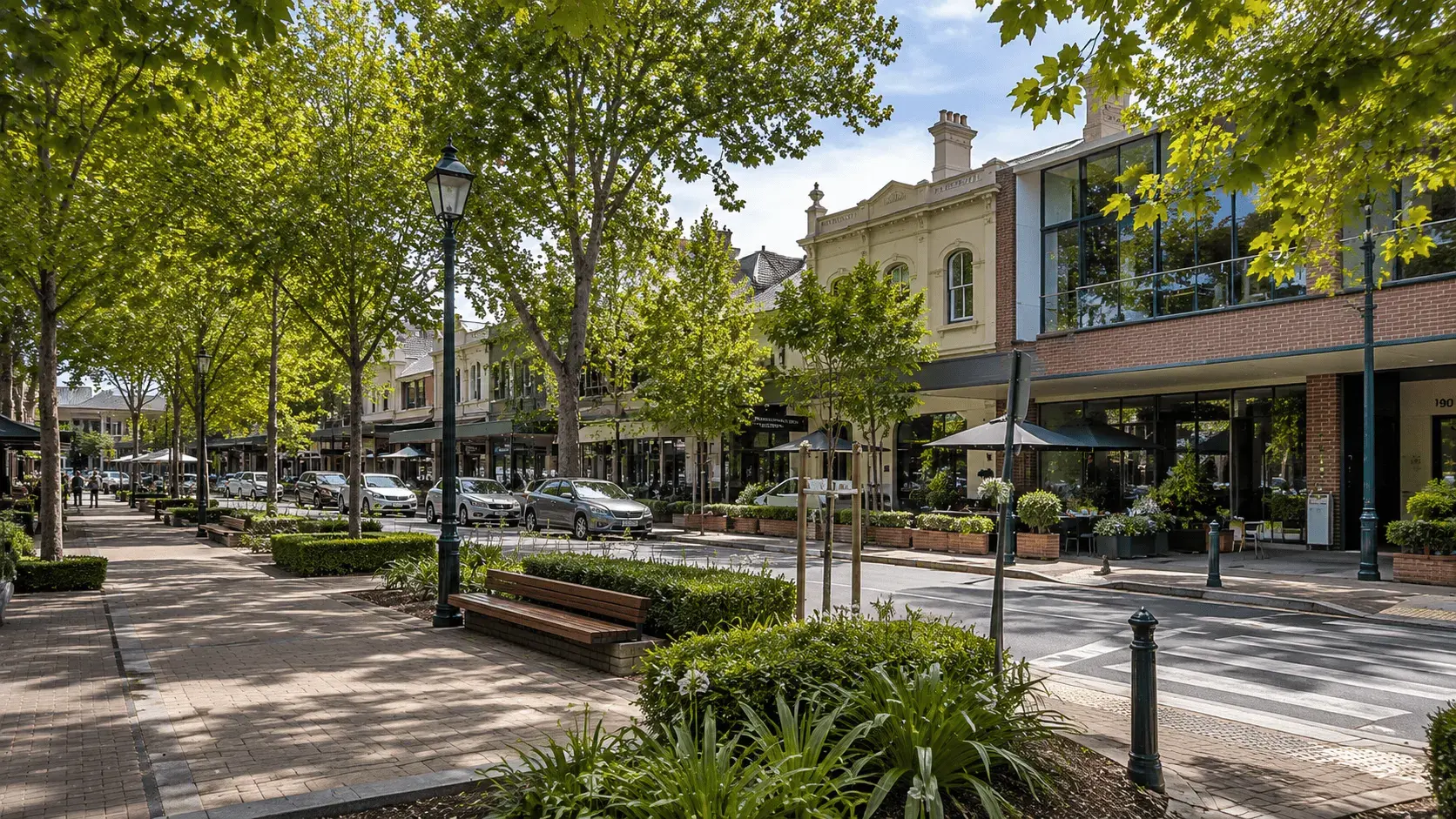 Berwick suburb street with local shops and businesses