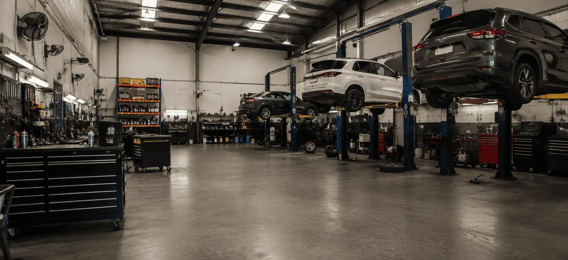 Automotive workshop with a car being serviced