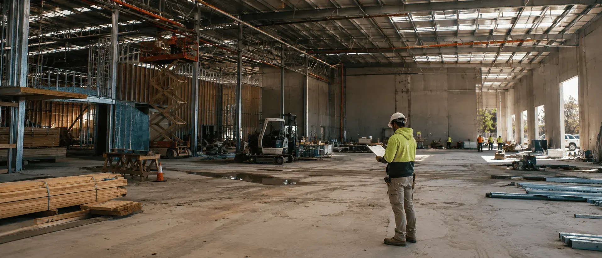 A tradesperson in high-visibility workwear reviewing plans on an active construction site