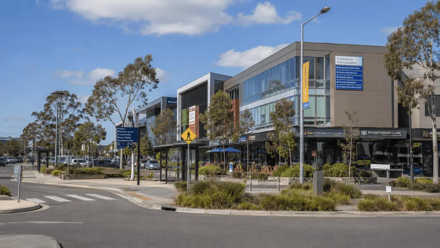 Cranbourne business district with shops and offices