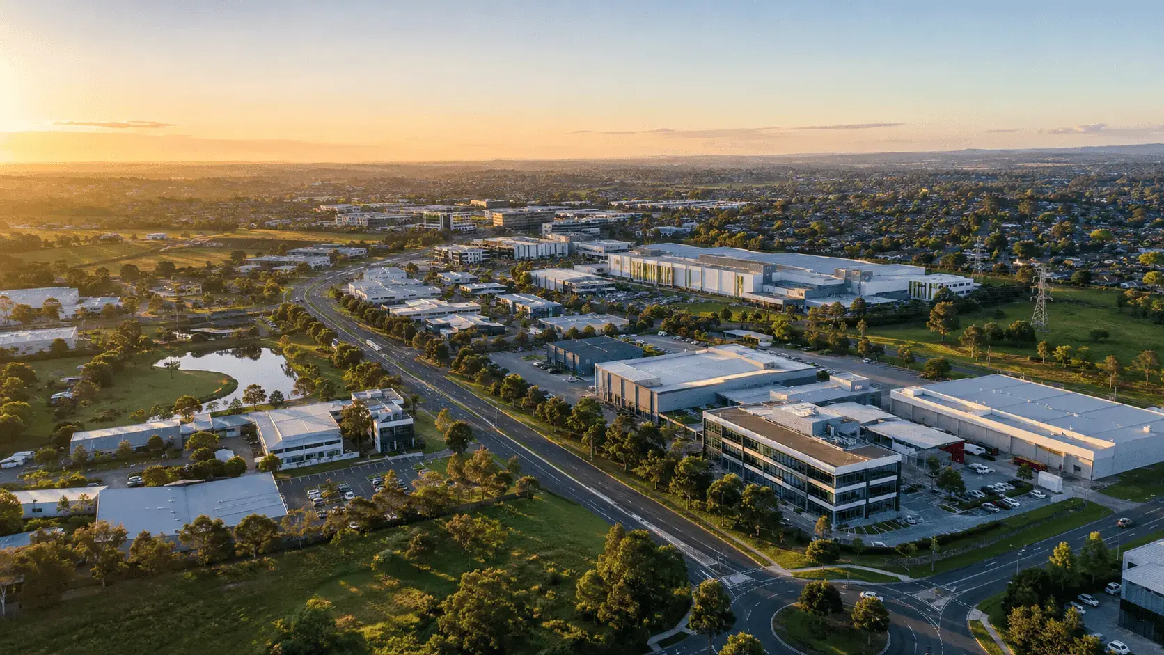 Aerial view of Hallam suburb and surrounding businesses