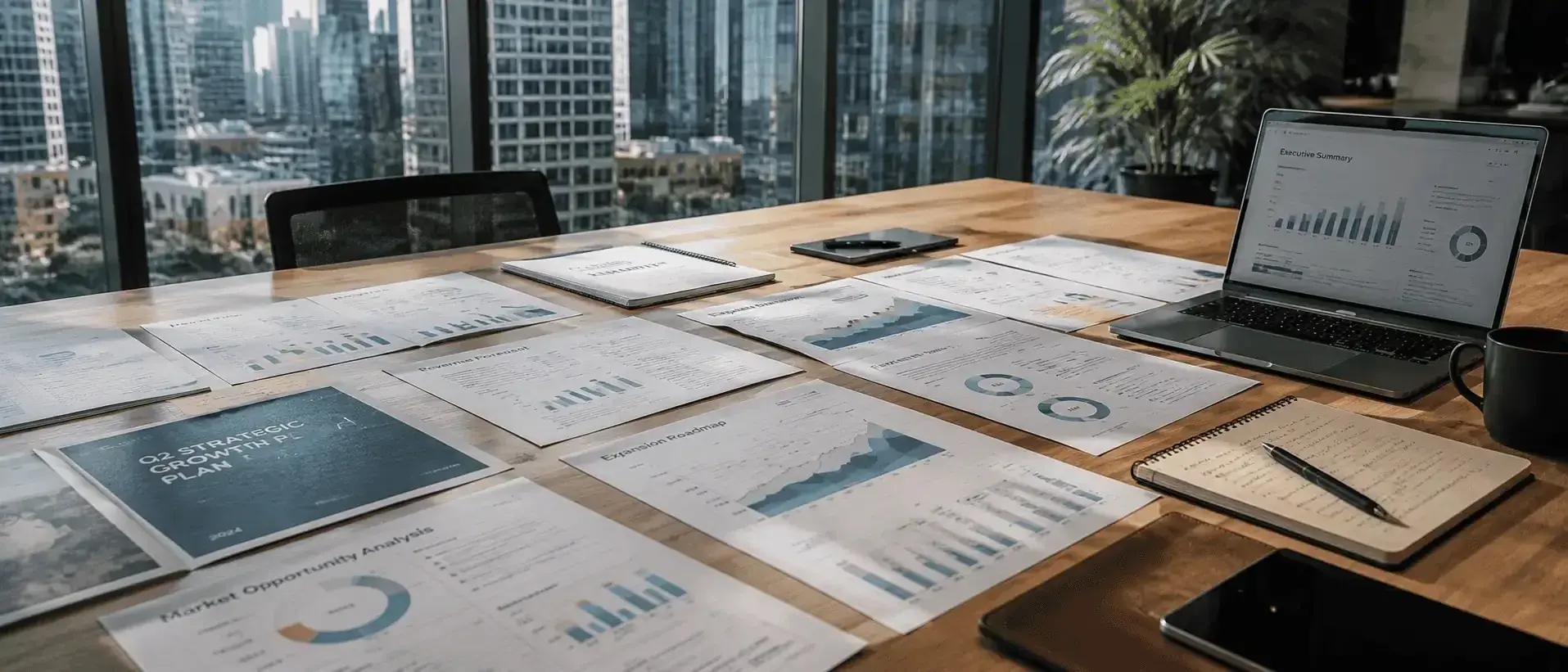 Business reports, charts and a laptop on a boardroom table overlooking a city skyline