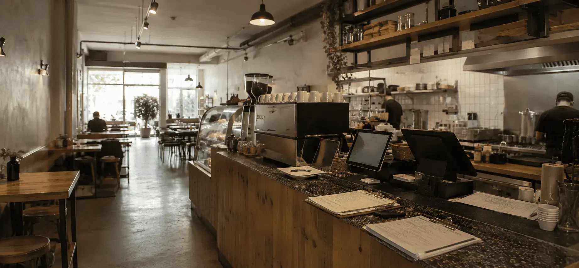 Interior of a café showing the front counter with an espresso machine, two POS terminals, printed roster and order sheets on clipboards, and kitchen staff working at the pass behind