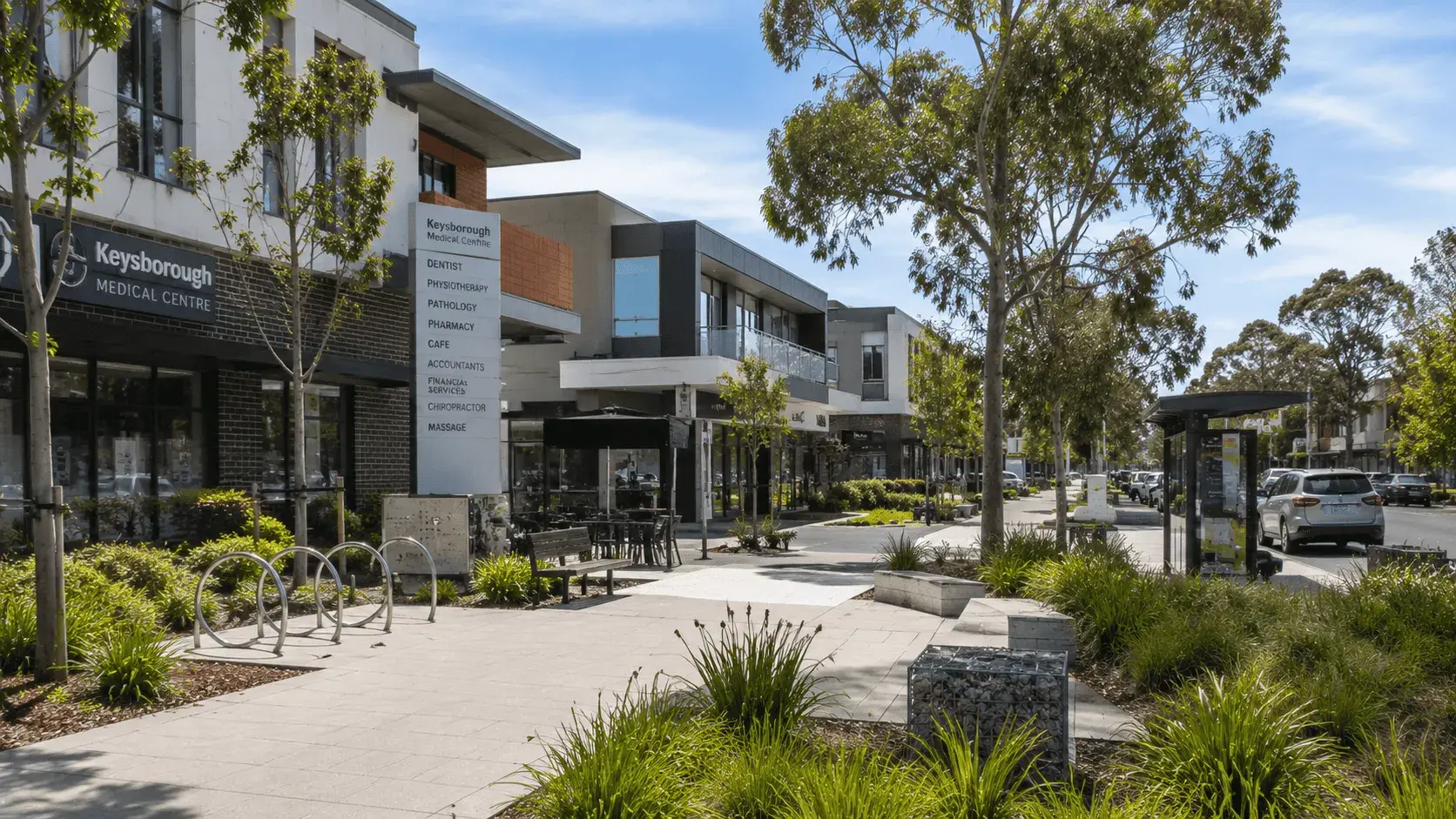 Keysborough suburb street with shops and businesses
