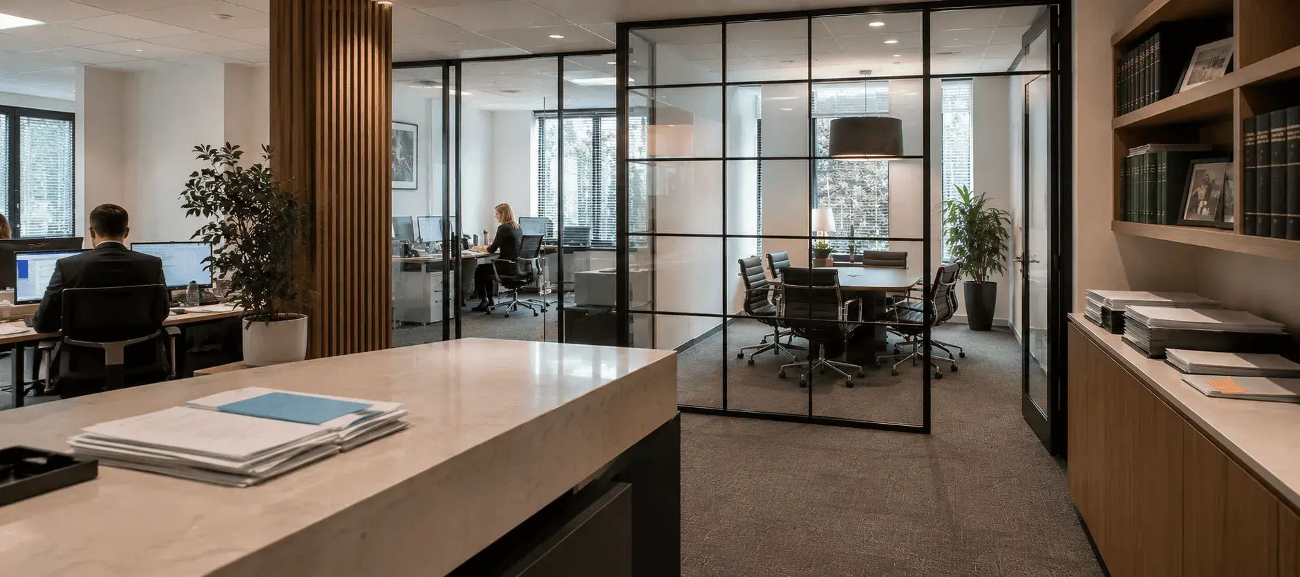 Law firm office with legal documents and bookshelves