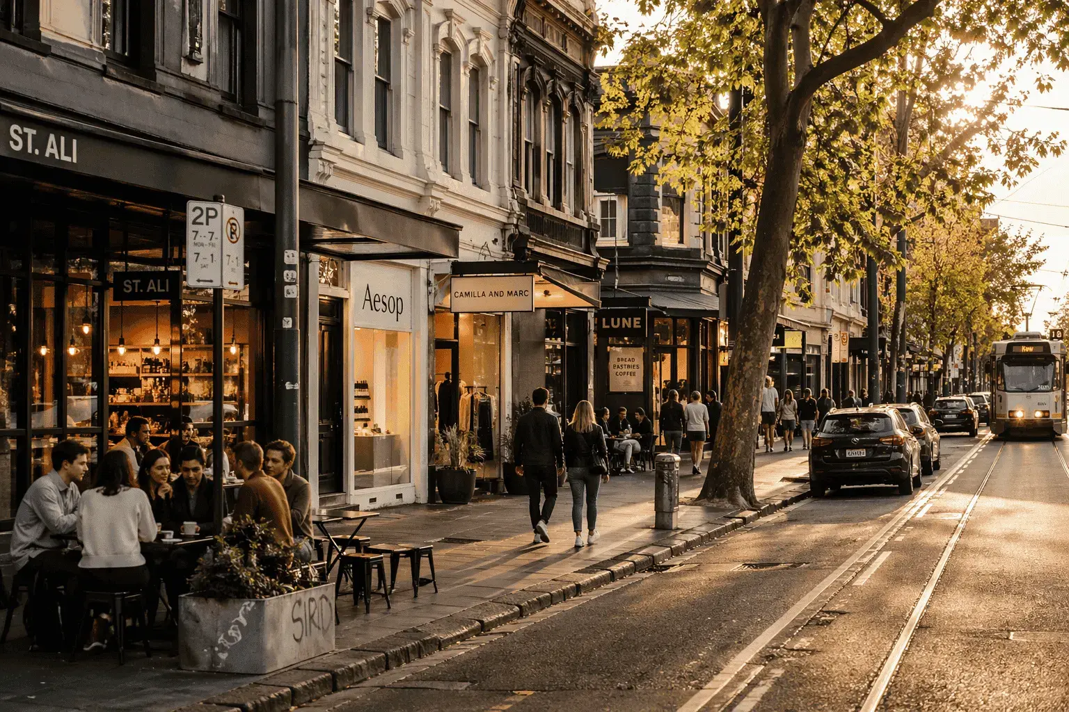 A Melbourne shopping strip with small business storefronts, café seating and a tram passing on the street
