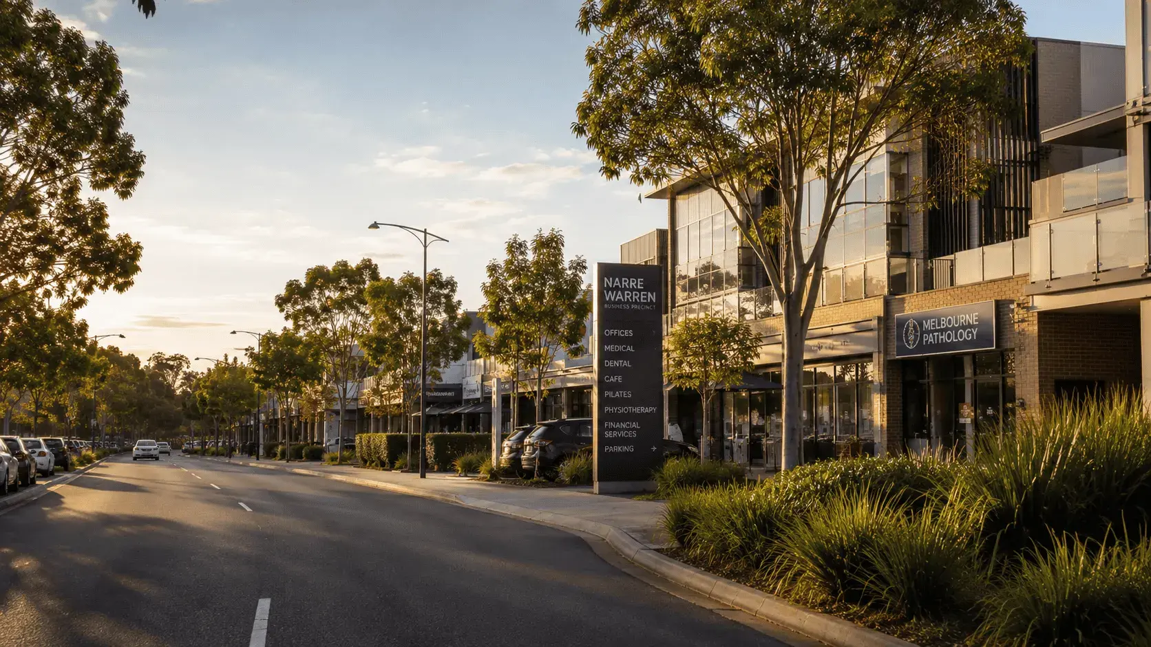 Narre Warren suburb street with shops and businesses