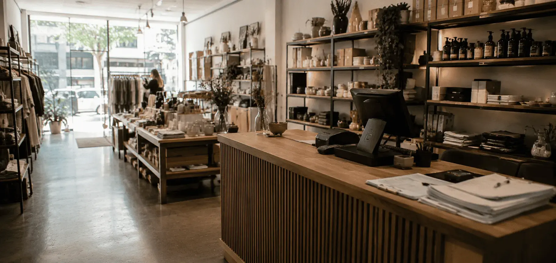 Interior of a small Melbourne retail shop with a timber service counter, POS terminal and card reader, a stack of invoices and paperwork beside it, and stocked display shelving running down both sides