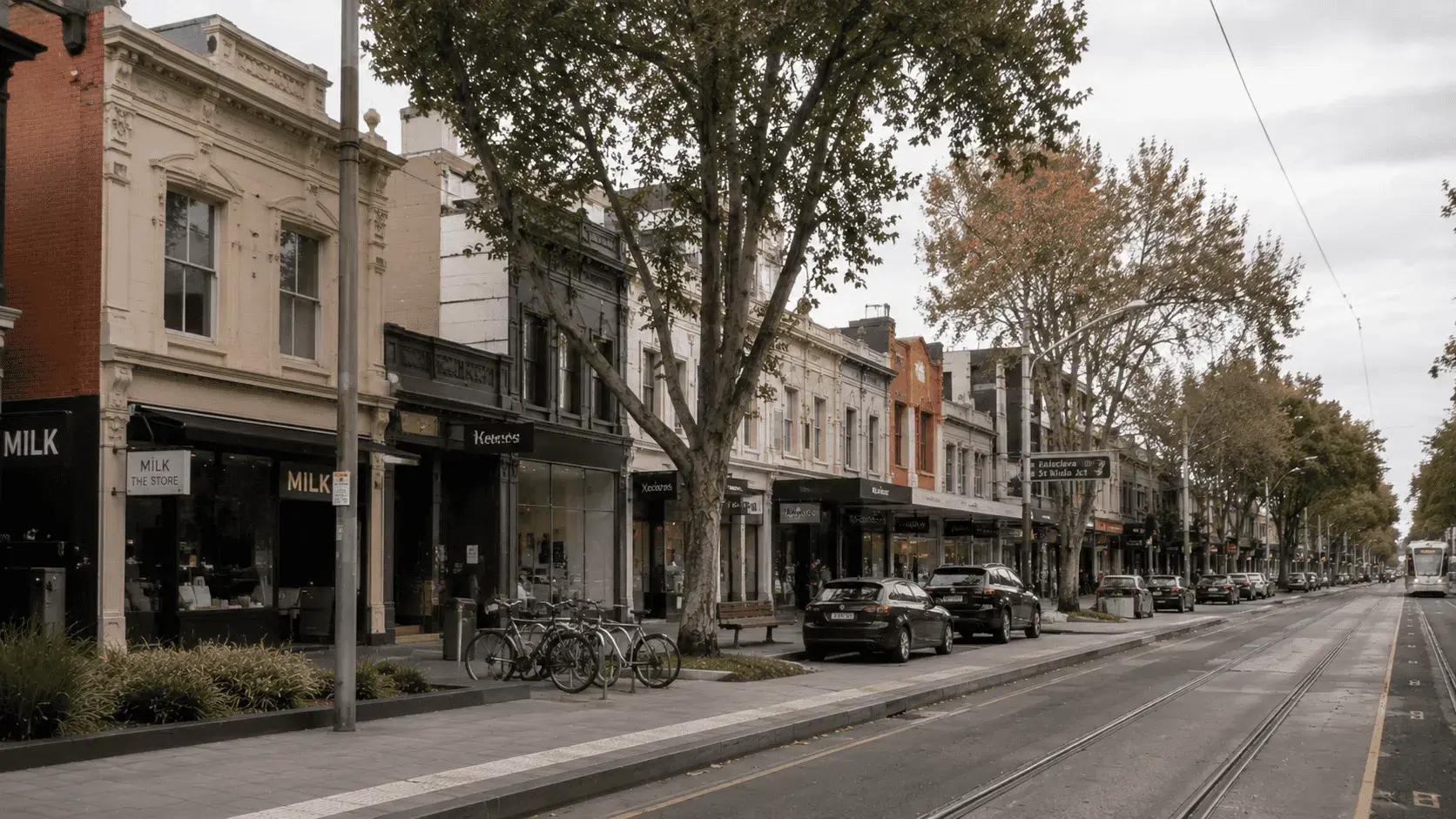 St Kilda street with shops and cafes
