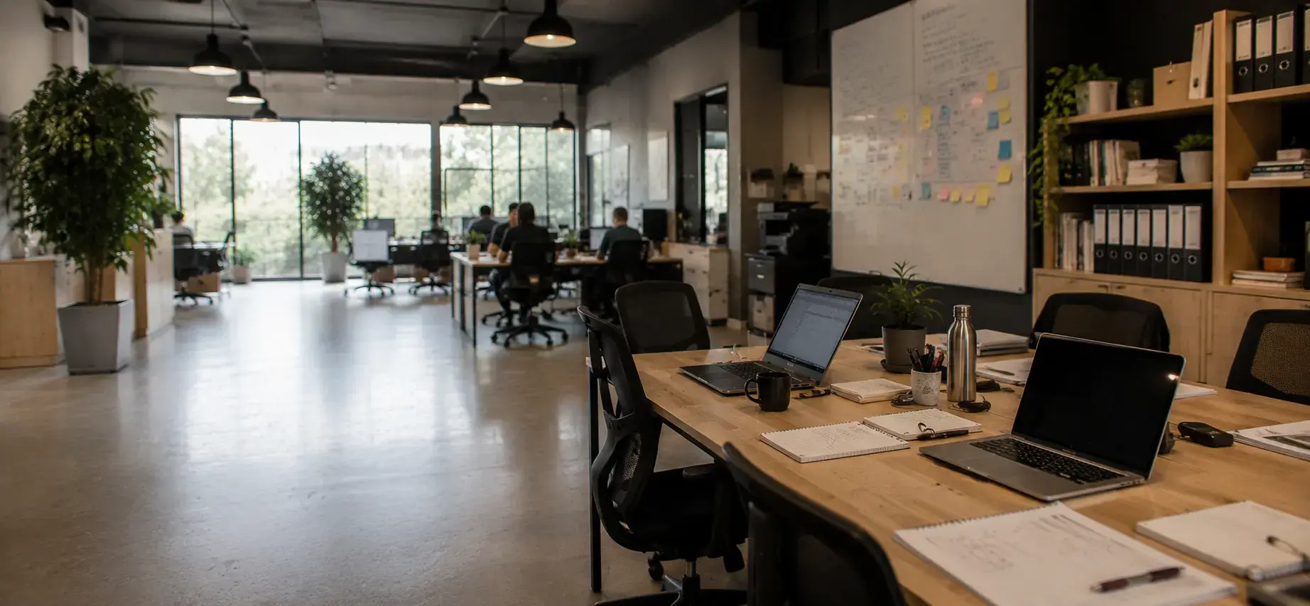 An open-plan office with two laptops and notepads on a long timber desk in the foreground, a whiteboard covered in sticky notes on the wall, and staff working at desks in the background
