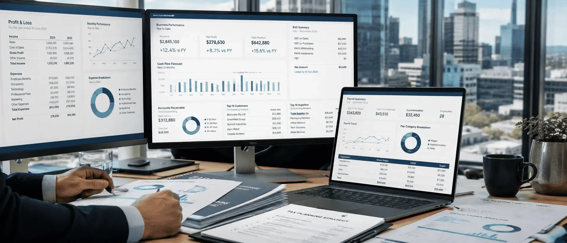Laptop and monitor displaying a payroll summary dashboard showing gross wages, PAYG withholding and superannuation figures alongside other financial reports