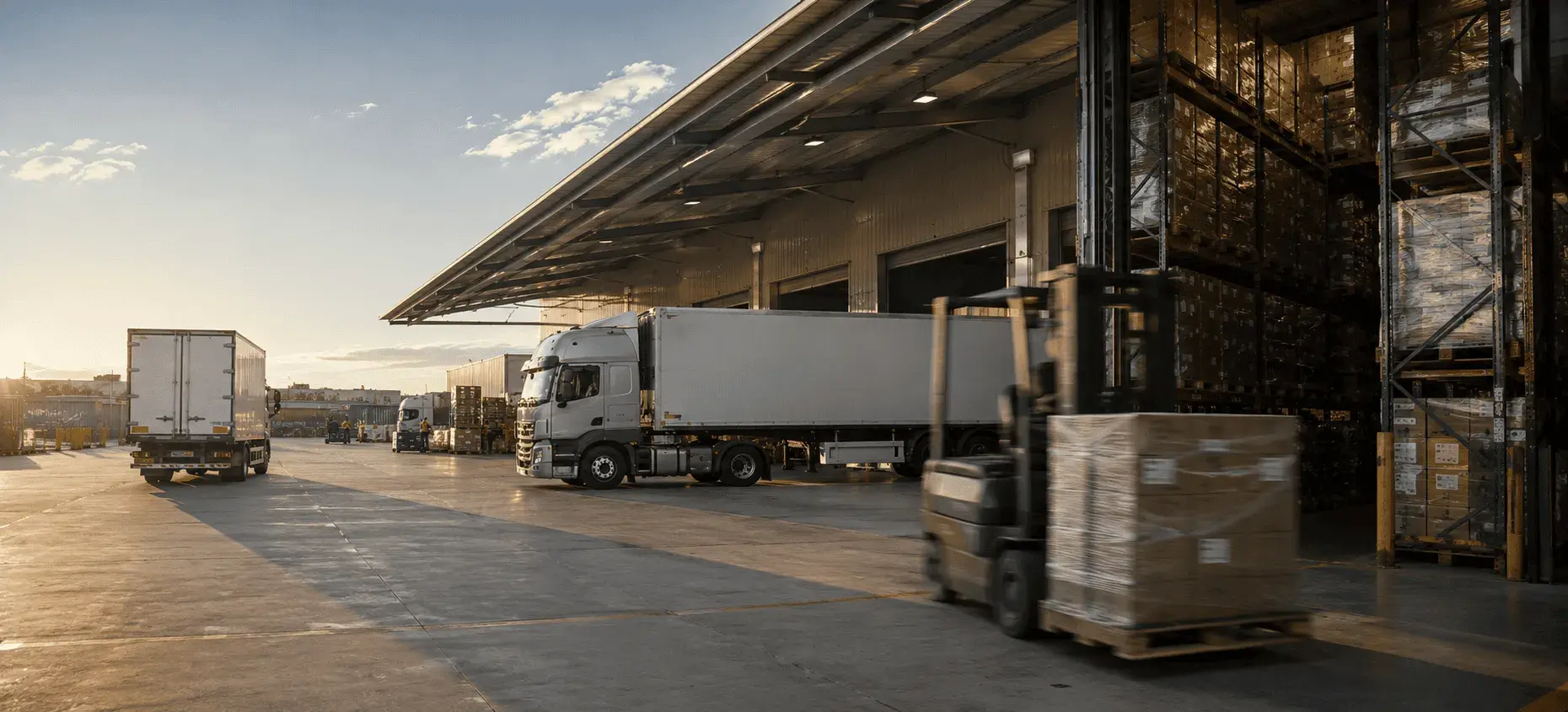 Trucks and a forklift loading pallets at a logistics warehouse dock at dusk