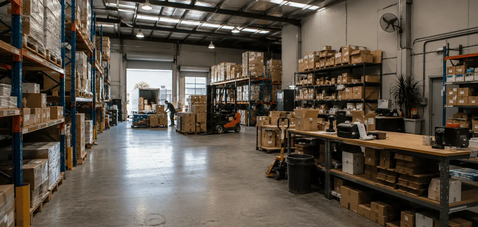 Wholesale warehouse with pallets and stock